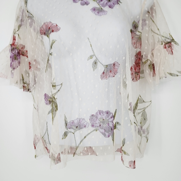 Glance Womens Sheer Top Size M Ivory Floral Dots Dainty Festival Fairy Romantic - Picture 3 of 8